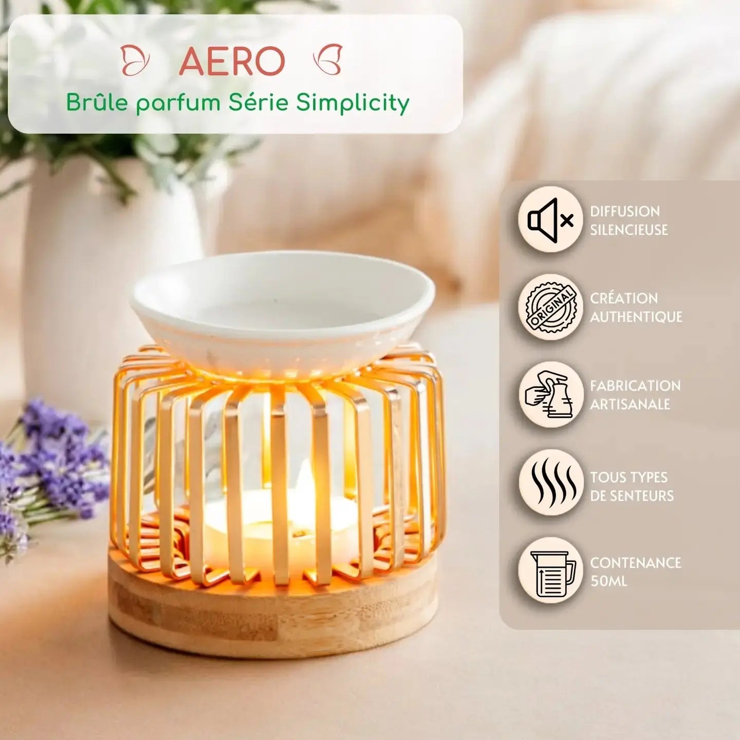 Brule parfum moderne en métal, céramique et bambou Aero